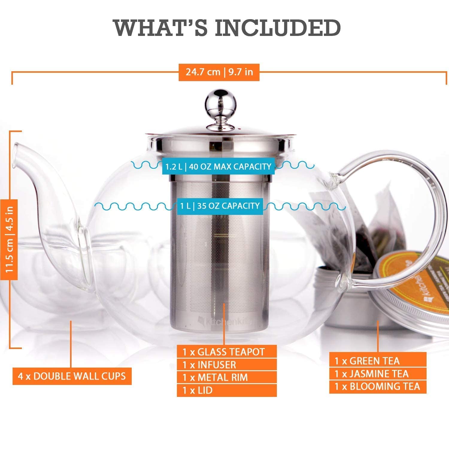 Kitchen Kite Glass Teapot Set with 4 Double Wall Teacups & Removable Stainless Steel Infuser - Microwave Dishwasher Safe Clear Blooming Loose Leaf Teas, Tea Maker Gift - Fredhappy