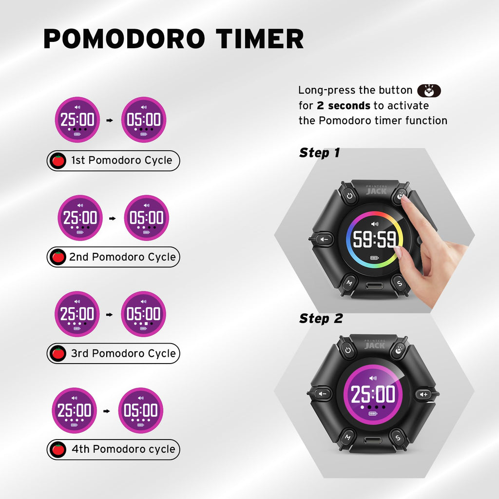 Jack Pomodoro Timer - Productivity Cube, Visual Focus Timer, Mute & Vibration & Adjustable Sound Alert, for Office, ADHD, Study, Work, 3/5/10/25/30/60min & Custom Countdown - Black - Fredhappy