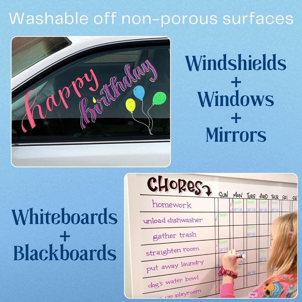 MoodClue Liquid chalk markers 12 neon erasable Whiteboards, glass boards, chalkboards, windows, mirrors, car windshields, auto, glass. Odorless, non - toxic. Wet or dry erase. Thick and thin tip - Fredhappy LLC