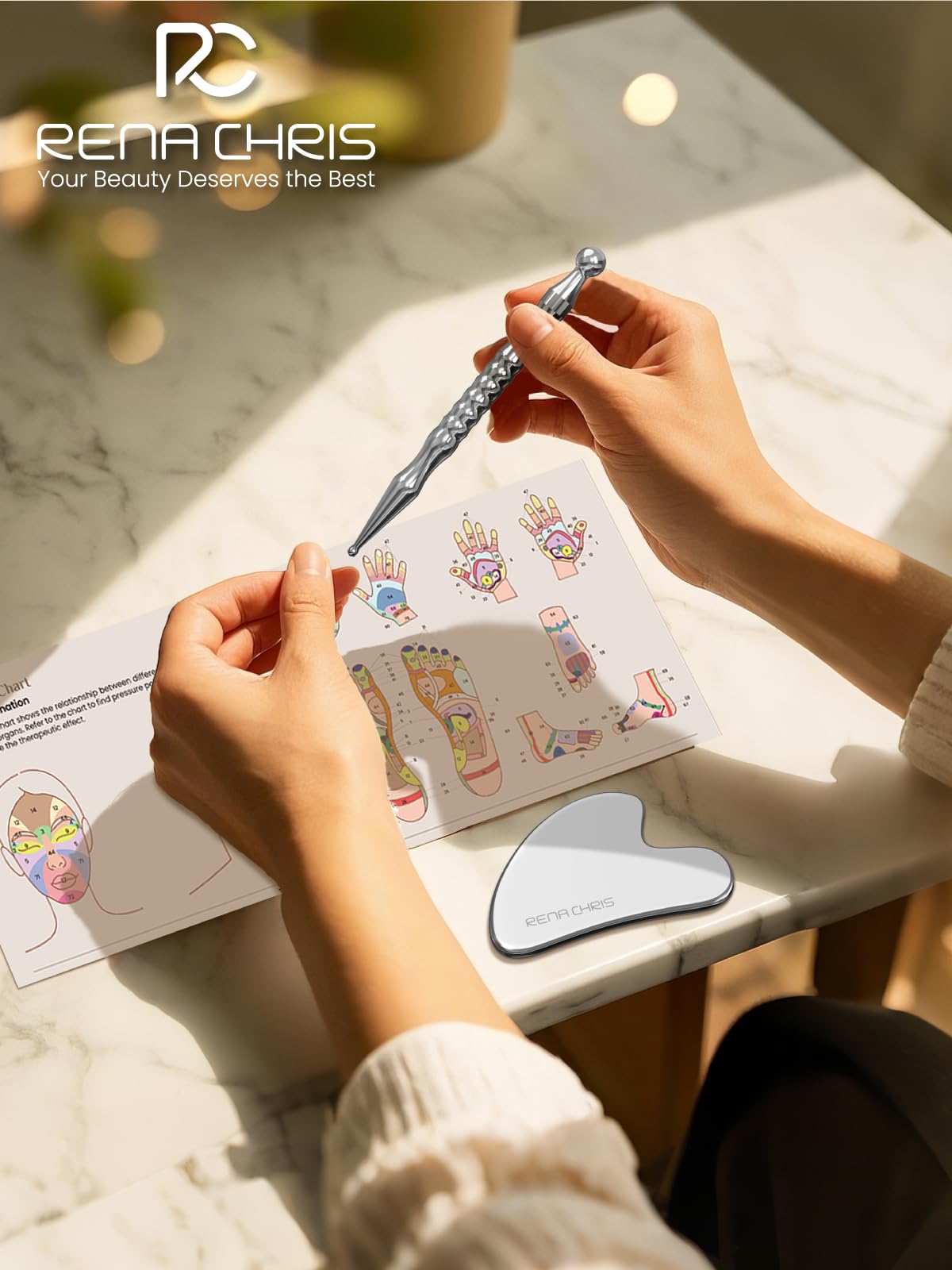 Rena Chris Acupuncture Pen, Manual Reflexology Tools for Muscle Tension and Pain Relief, Acupressure Pen and Stainless Steel Gua Sha Set with Reflexology Chart, Easy to Use - Fredhappy LLC
