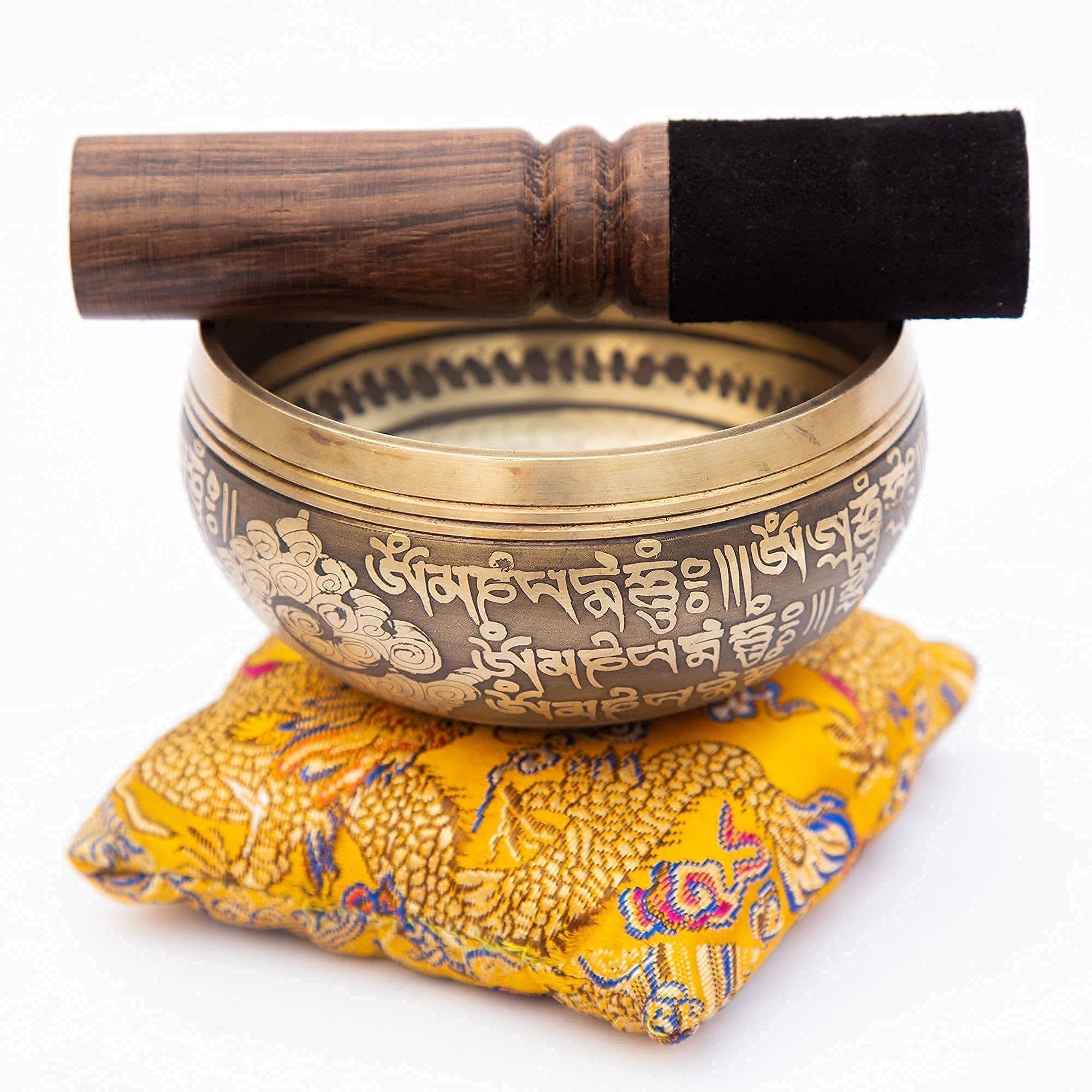 Tibetan Singing Bowl Set – Bronze Master Grade with Pure Tone & Thangka Art – Handmade in Nepal by Himalayan Bazaar (Gold & Yellow) - Fredhappy