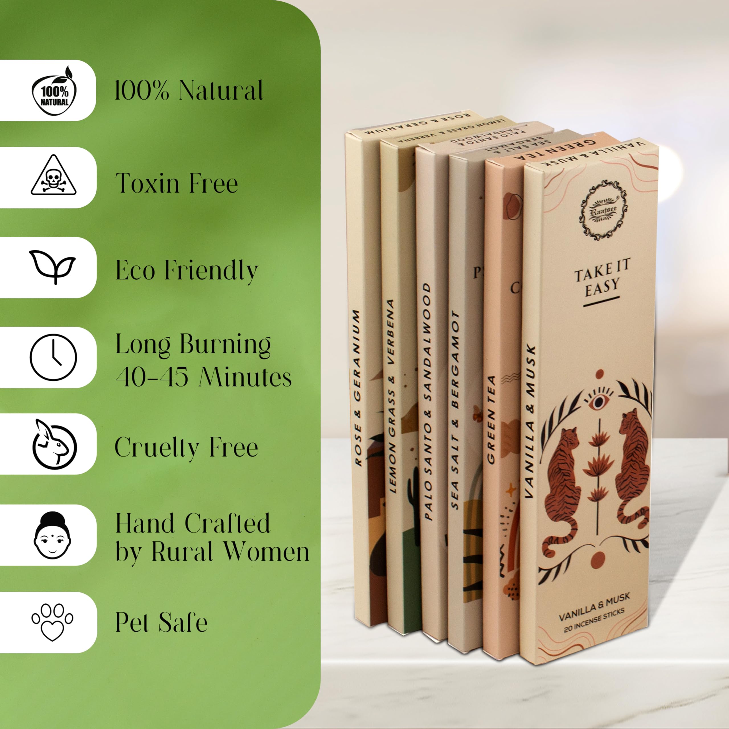 Raajsee Incense Sticks Organic Non Toxic - Pack of 6 Natural Inscents with Insence Holder - 120 Sticks, Clean Burn, Boho Gift Set, Palo Santo & Sandalwood, Vanilla Musk, Rose, Green Tea, Lemon Grass - Fredhappy