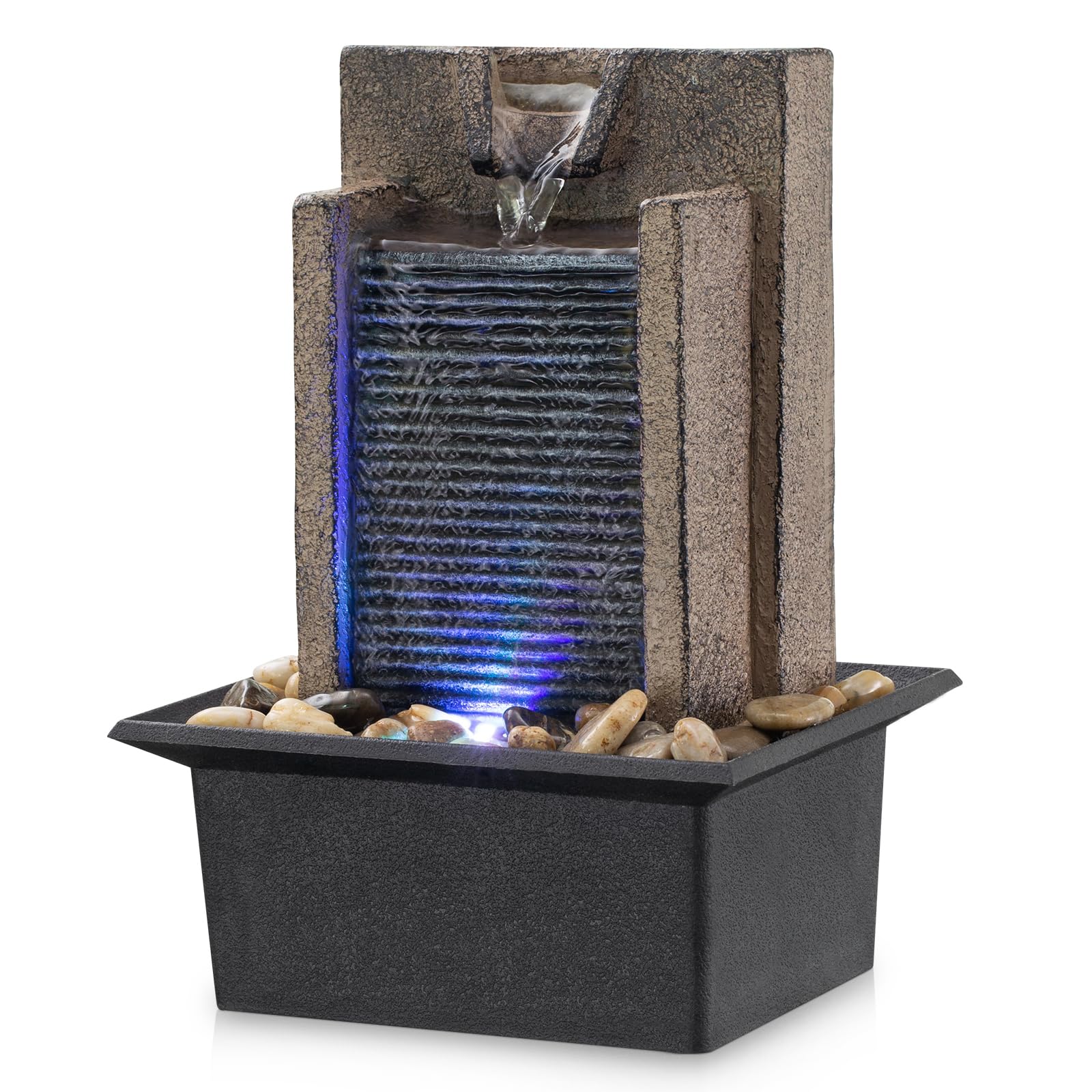 Amootek Tabletop Fountain Relaxing Tabletop Waterfall Fountain with Natural River Rocks & Color - Changing LED Lights - Indoor Zen Office/Home Decor Water Feature, 6.3"x 5.12"x 8.66" - Fredhappy