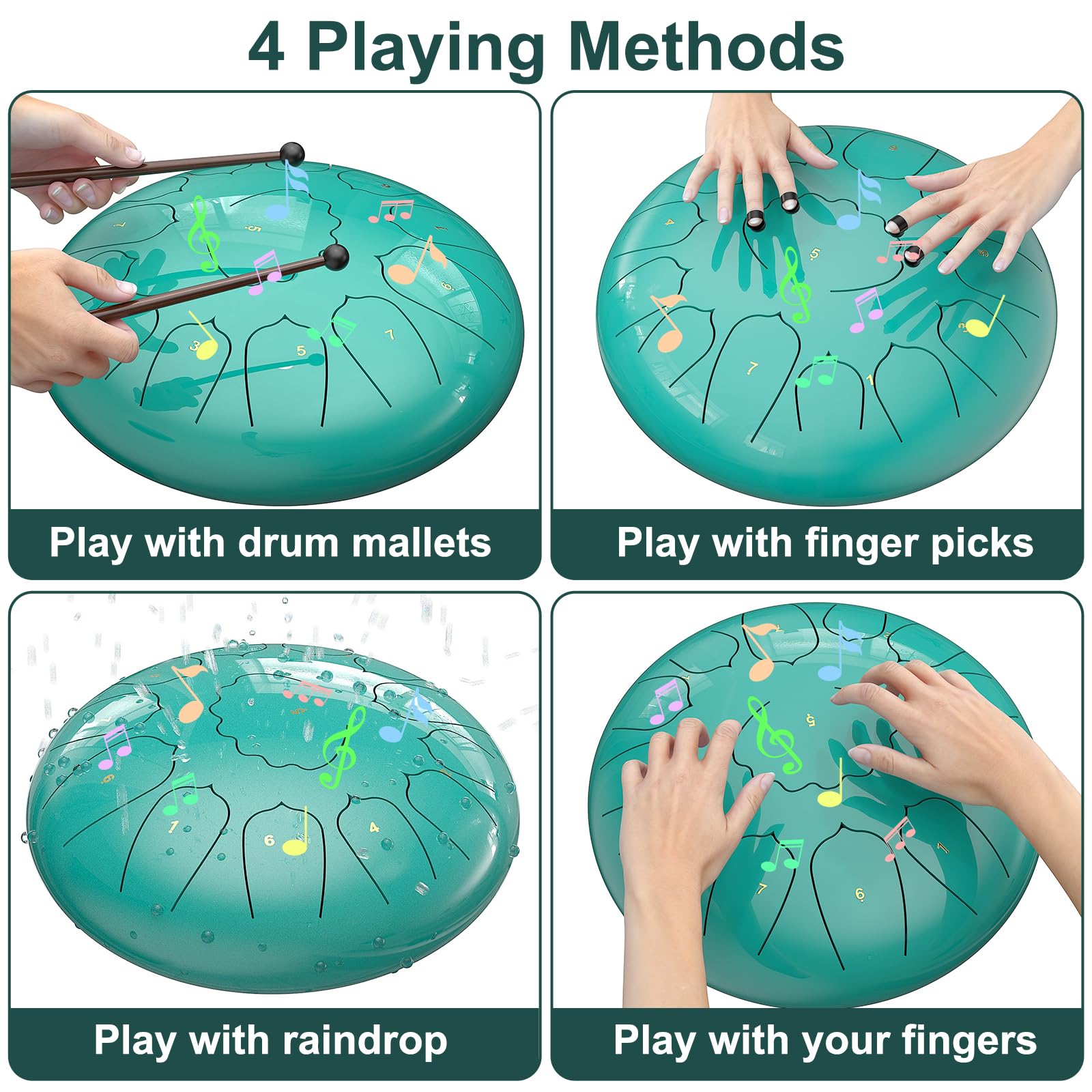 D Major Steel Tongue Drum Handpan, 12 Inch 13 Note Rain Drum for Outside Garden, Meditation Rain Chime, Musical Percussion Instrument for Adult Gift with Bag, Music Book, Drum Mallets (Lake Blue) - Fredhappy