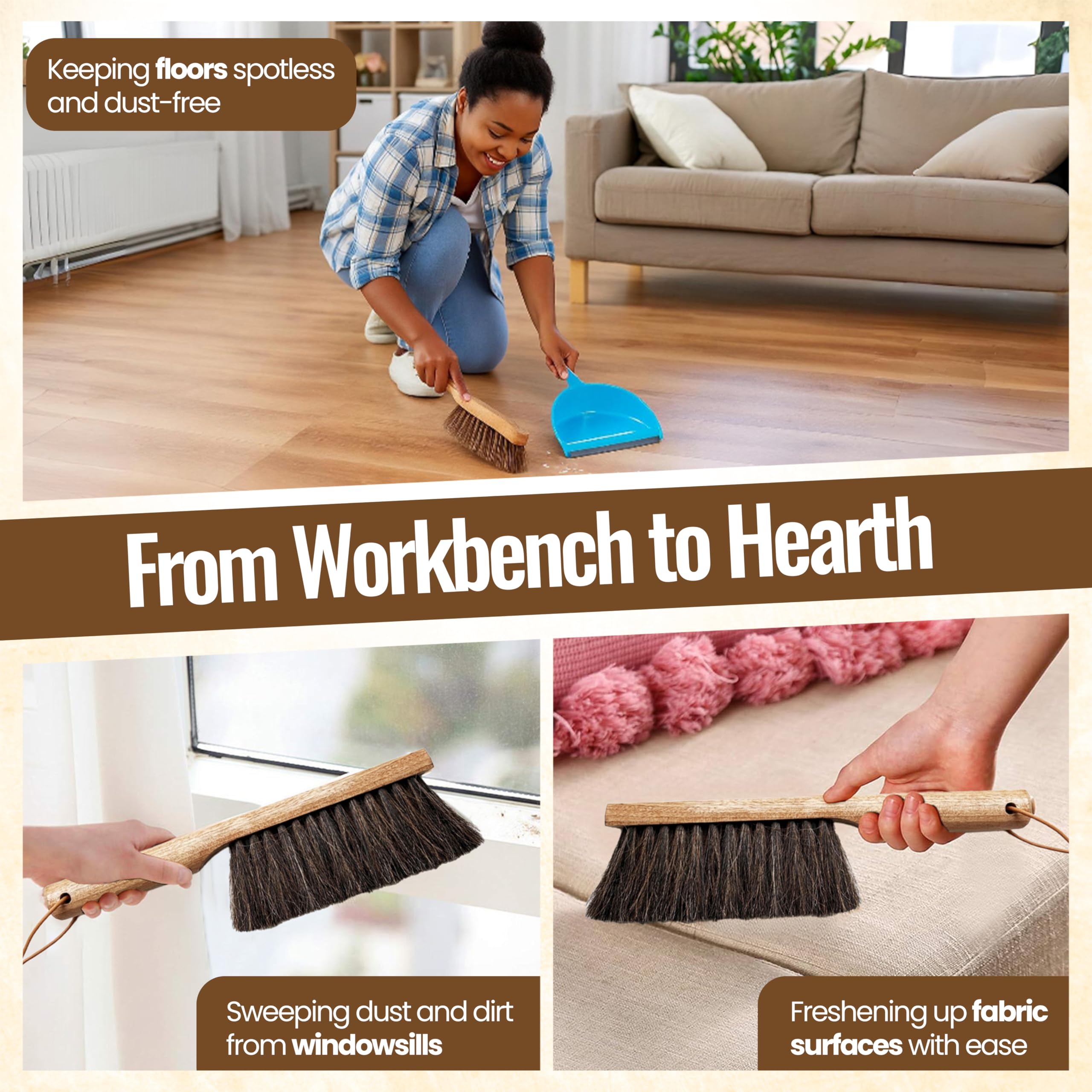 Dustpan Bench Woodworking Brush - USA 13 inch Horsehair Brushes are Used for Counter, Furniture, Drafting, Patio, Fireplace Cleaning, Shop Brush, Leather Tie, Woodworking Tool & Accessories - Fredhappy