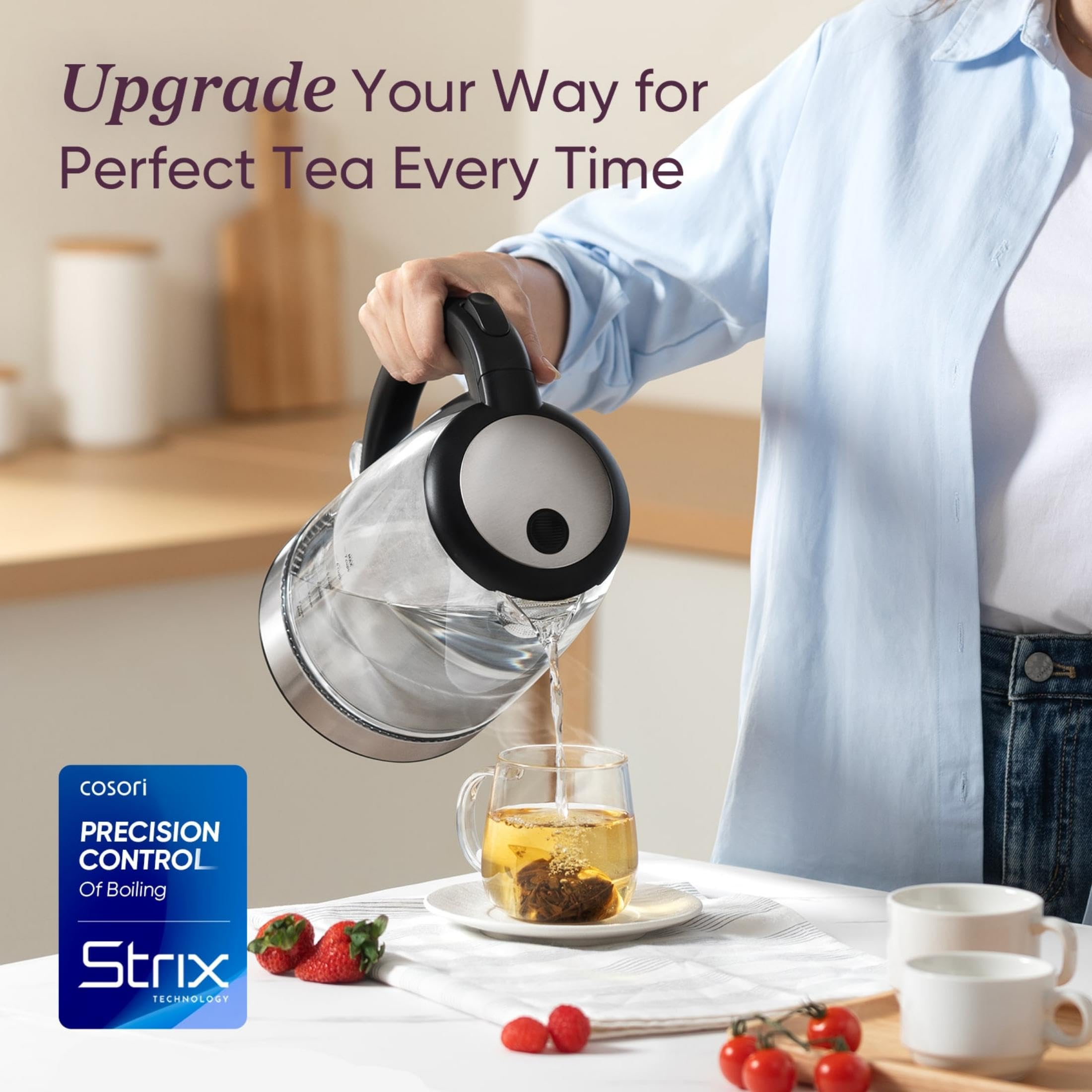 Cosori Electric Kettle, No Plastic Filter & Spout, 1.8Qt Tea Kettle & Hot Water Boiler For Coffee & Tea, Water Heater & Teapot, Automatic Shut Off, Borosilicate glass, Black, 1500W - Fredhappy