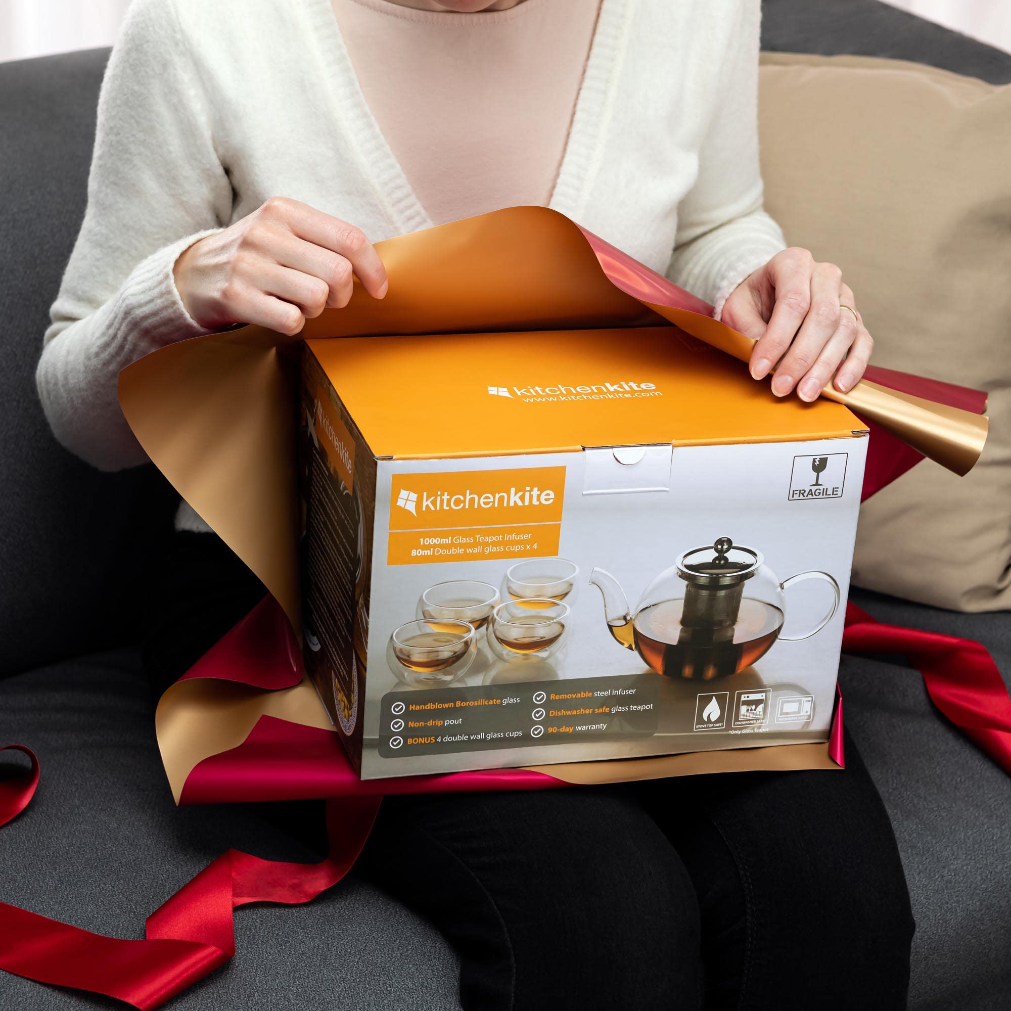 Kitchen Kite Glass Teapot Set with 4 Double Wall Teacups & Removable Stainless Steel Infuser - Microwave Dishwasher Safe Clear Blooming Loose Leaf Teas, Tea Maker Gift - Fredhappy