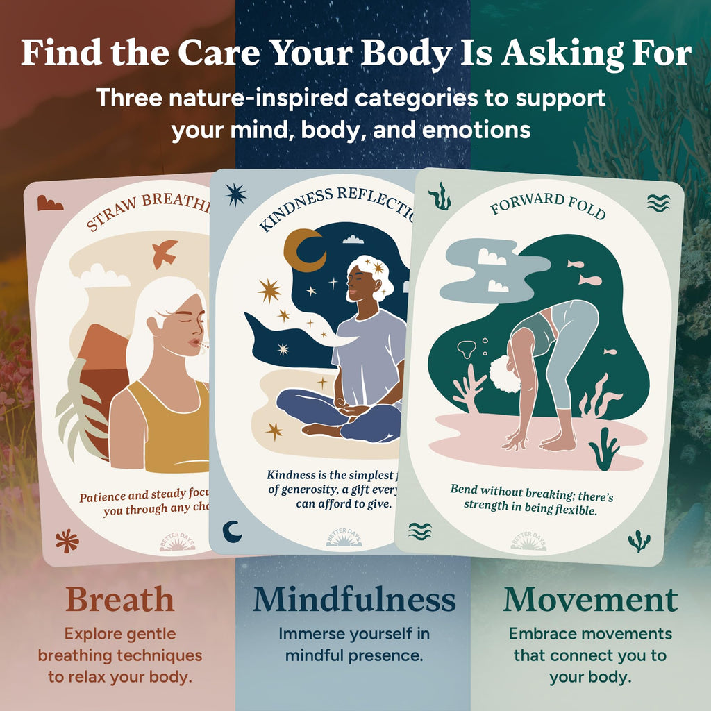 Better Days Somatic Therapy Exercises – 60 Techniques to Soothe Stress, Reconnect with Your Body, and Find Comfort – 3.5” x 5” Cards and Guidebook – Breathwork, Mindfulness, and Gentle Movements - Fredhappy