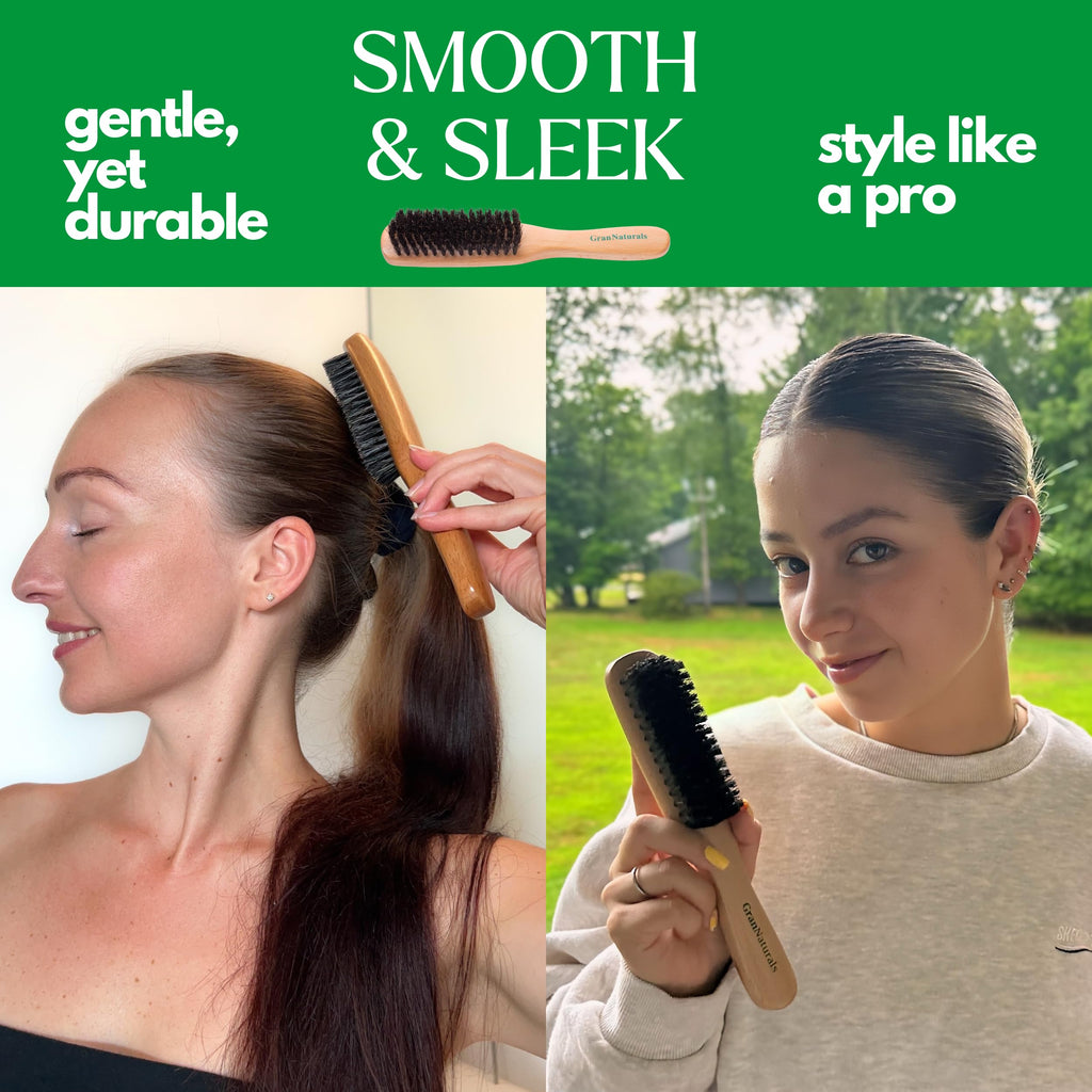 GranNaturals Boar Bristle Slick Back Hair Brush - Soft/Medium Smoothing Hairbrush to Style, Polish, & Lay Hair Down Flat to Create a Sleek Frizz Free Hairstyle for Women and Men - Wooden Handle - Fredhappy