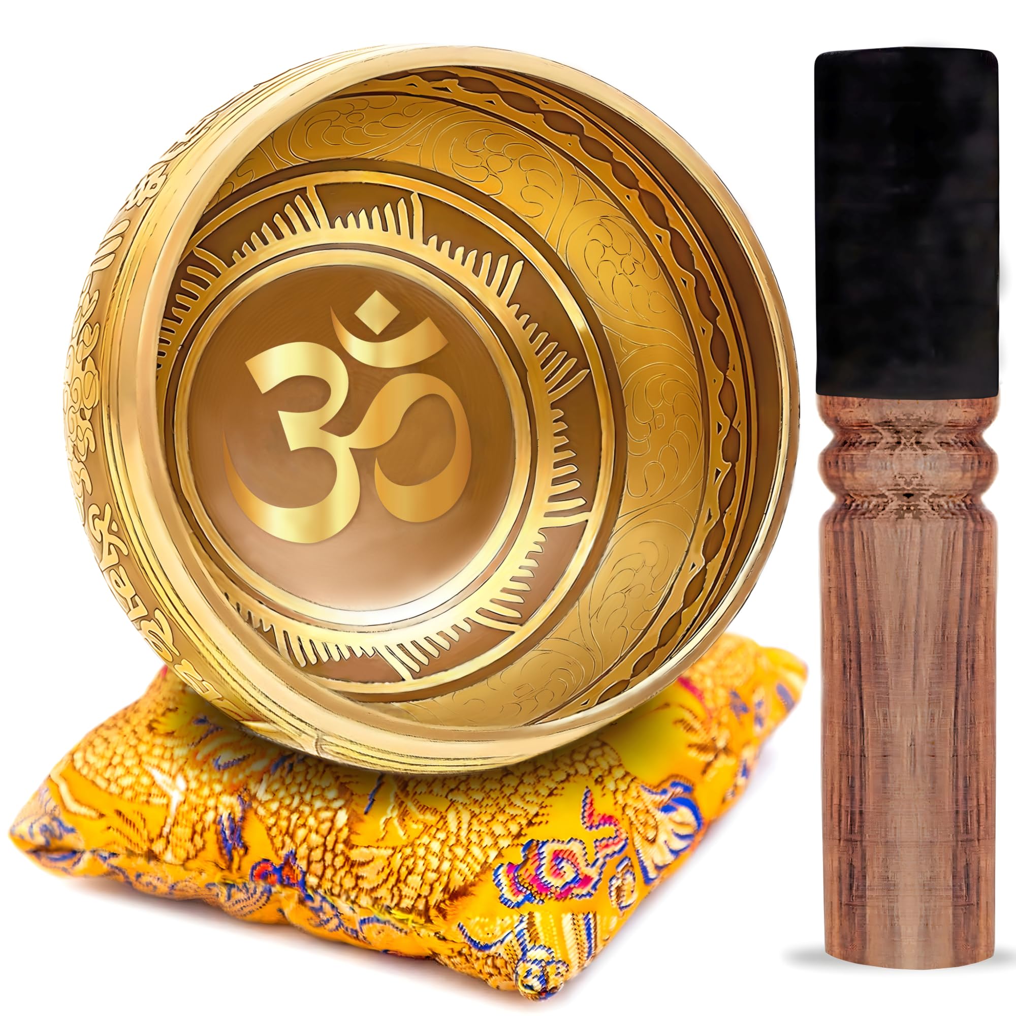 Tibetan Singing Bowl Set – Bronze Master Grade with Pure Tone & Thangka Art – Handmade in Nepal by Himalayan Bazaar (Gold & Yellow) - Fredhappy