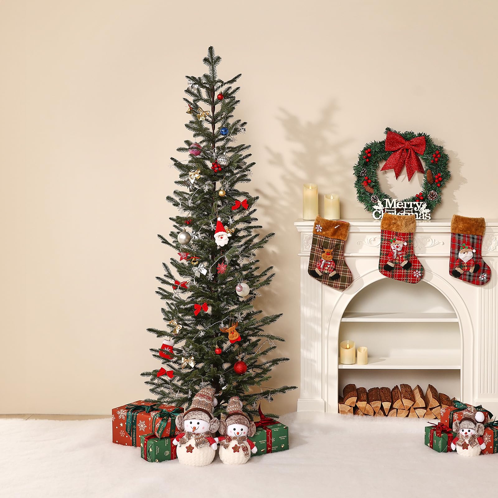 VeriNatural Pencil Slim Christmas Tree 6ft Artificial Xmas Tree - Skinny Small Green Pine Tree with PE Needles, Metal Stand, No Lights - Indoor Holiday Decor for Apartment Office Porch - Fredhappy