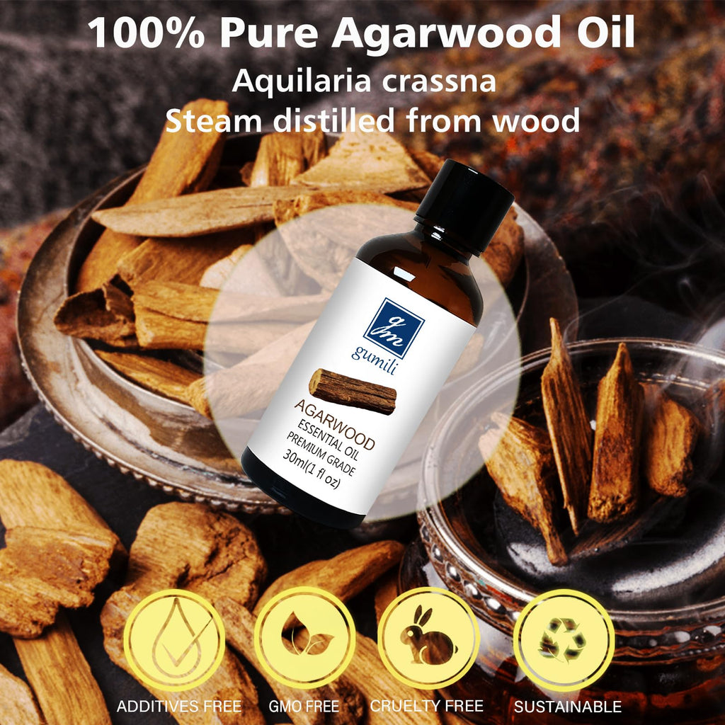 GM Gumili Agarwood Essential Oil, Pure Argawood Oud Oil for Aromatherapy, Meditation - 30ml/ 1 oz - Fredhappy