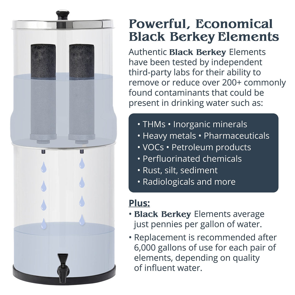 Big Berkey Gravity - Fed Water Filter System with 2 Black Berkey Elements Plus Deluxe 7" Stainless Steel Water View Spigot - Fredhappy