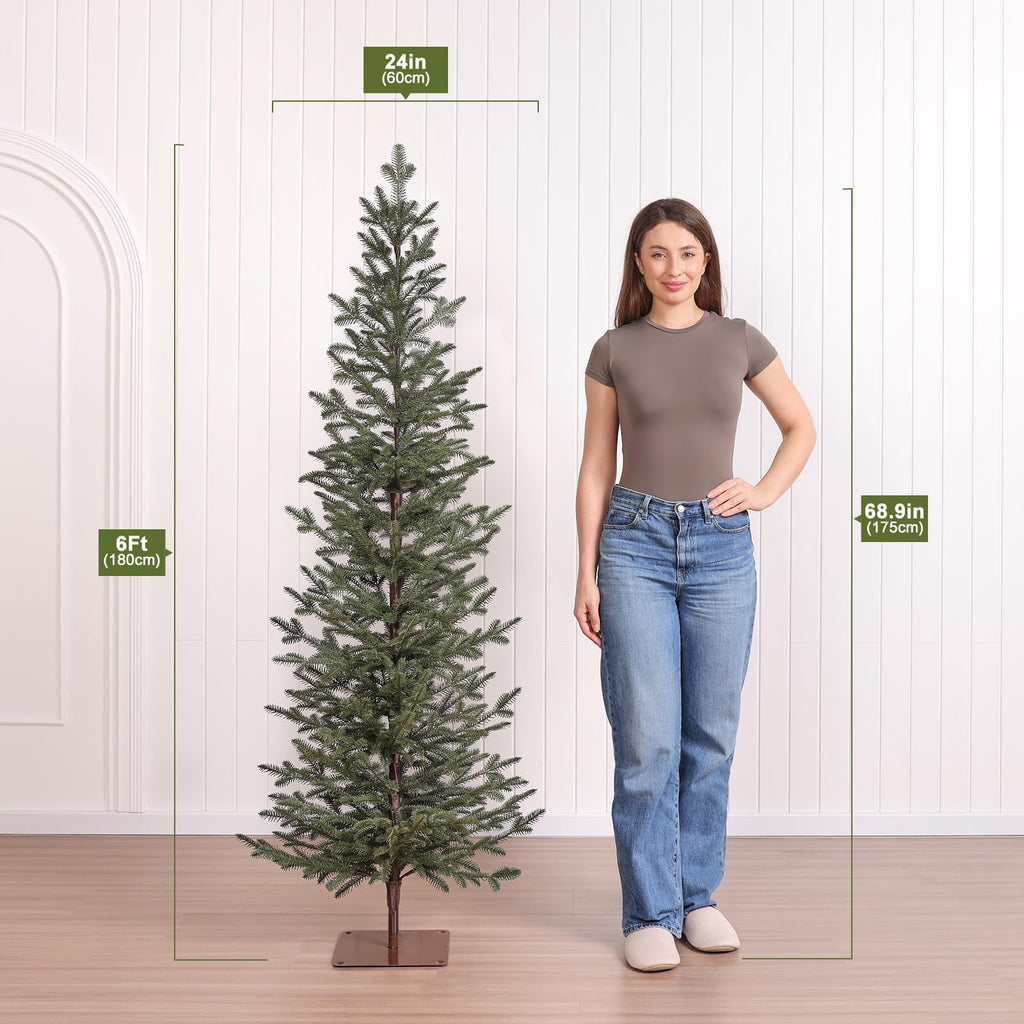 VeriNatural Pencil Slim Christmas Tree 6ft Artificial Xmas Tree - Skinny Small Green Pine Tree with PE Needles, Metal Stand, No Lights - Indoor Holiday Decor for Apartment Office Porch - Fredhappy