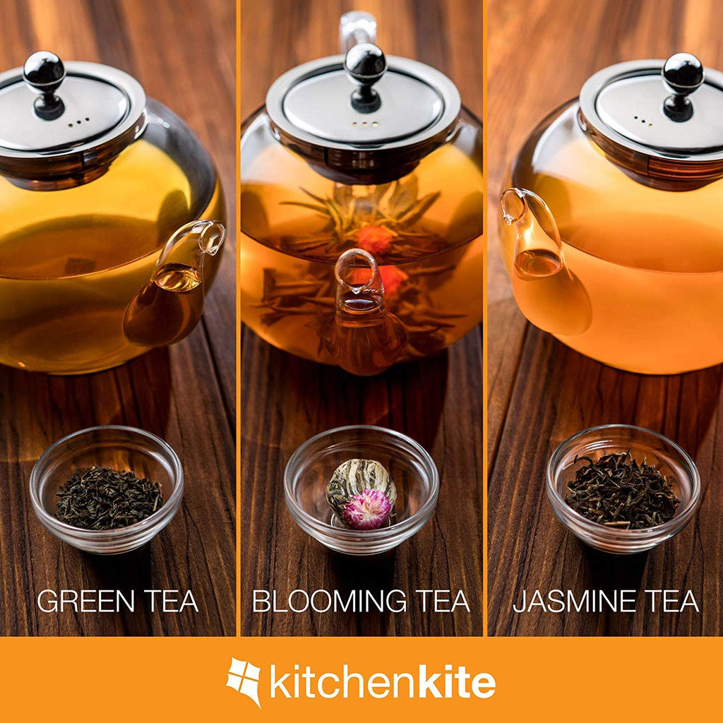 Kitchen Kite Glass Teapot Set with 4 Double Wall Teacups & Removable Stainless Steel Infuser - Microwave Dishwasher Safe Clear Blooming Loose Leaf Teas, Tea Maker Gift - Fredhappy