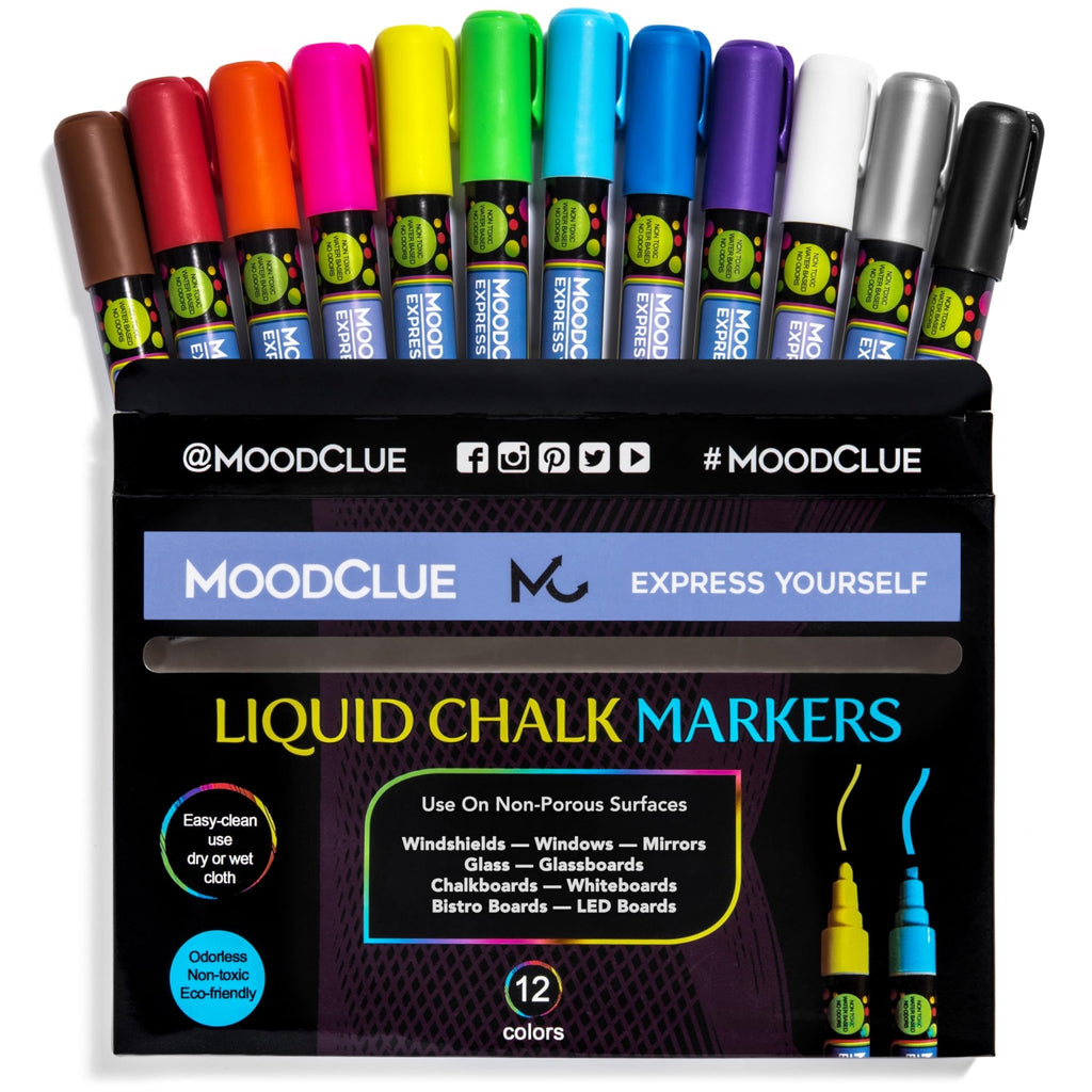 MoodClue Liquid chalk markers 12 neon erasable Whiteboards, glass boards, chalkboards, windows, mirrors, car windshields, auto, glass. Odorless, non - toxic. Wet or dry erase. Thick and thin tip - Fredhappy LLC