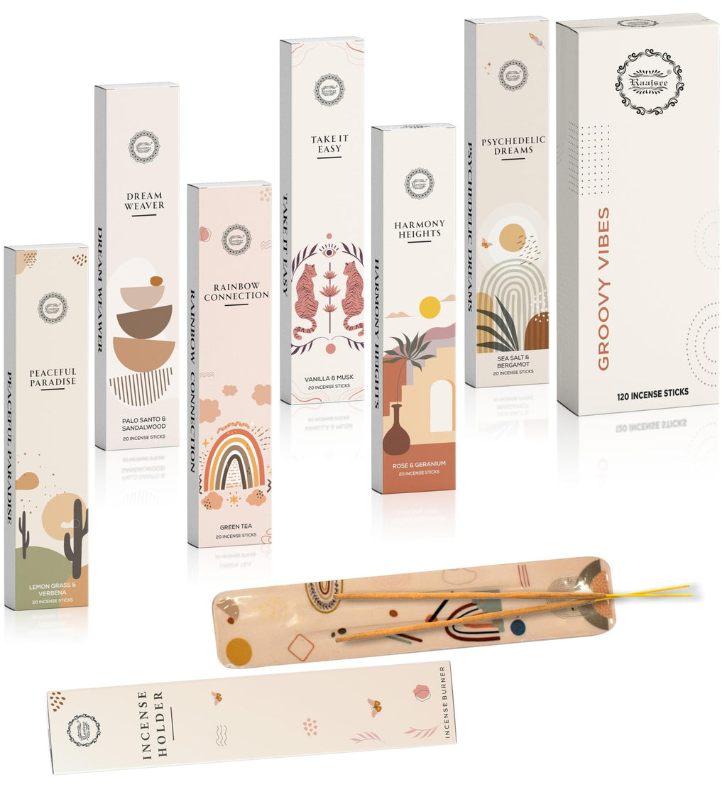 Raajsee Incense Sticks Organic Non Toxic - Pack of 6 Natural Inscents with Insence Holder - 120 Sticks, Clean Burn, Boho Gift Set, Palo Santo & Sandalwood, Vanilla Musk, Rose, Green Tea, Lemon Grass - Fredhappy