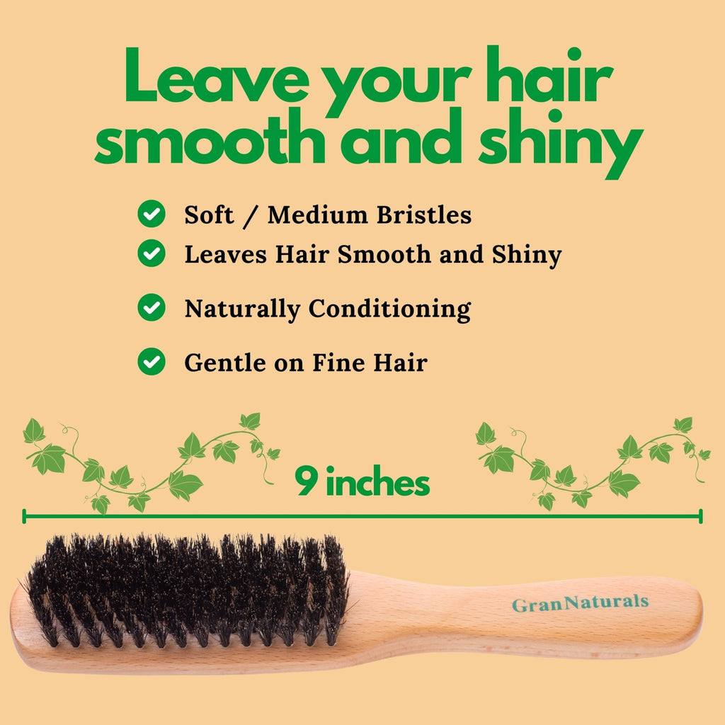 GranNaturals Boar Bristle Slick Back Hair Brush - Soft/Medium Smoothing Hairbrush to Style, Polish, & Lay Hair Down Flat to Create a Sleek Frizz Free Hairstyle for Women and Men - Wooden Handle - Fredhappy
