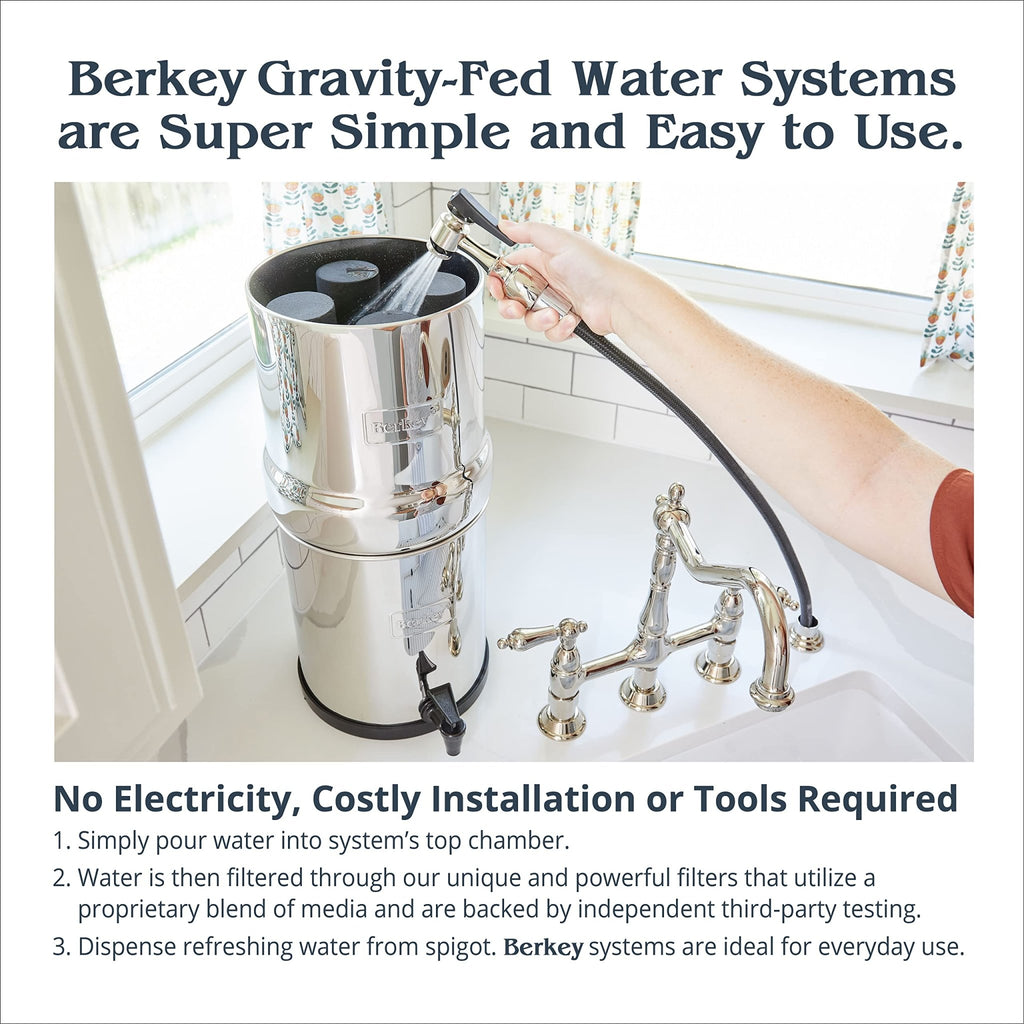 Big Berkey Gravity - Fed Water Filter System with 2 Black Berkey Elements Plus Deluxe 7" Stainless Steel Water View Spigot - Fredhappy