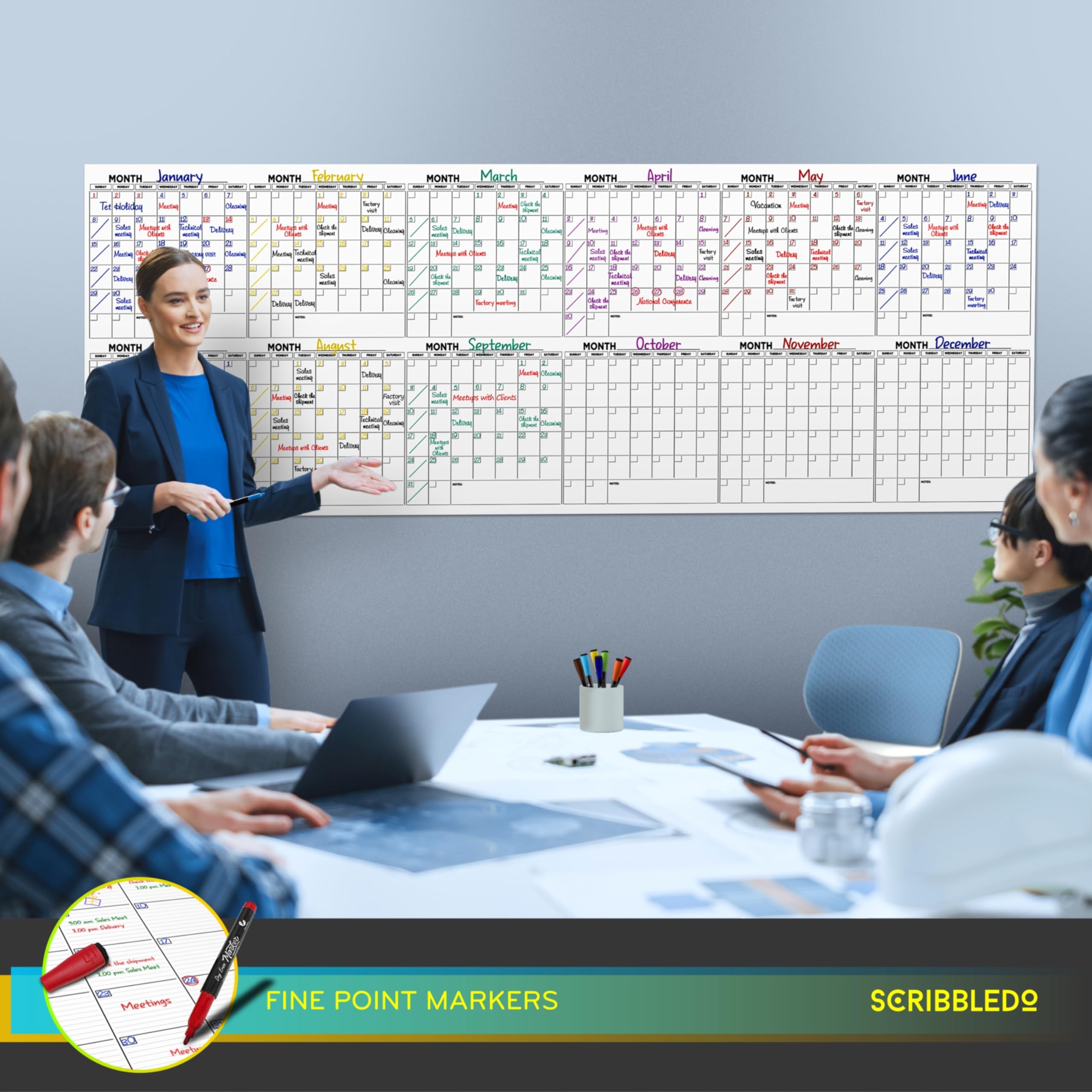 Extra Large 100"x36" Dry Erase Monthly Planner – 12 - Month Whiteboard Calendar Includes 6 white Board Markers Eraser Push Pins & Mounting Tape - Fredhappy LLC