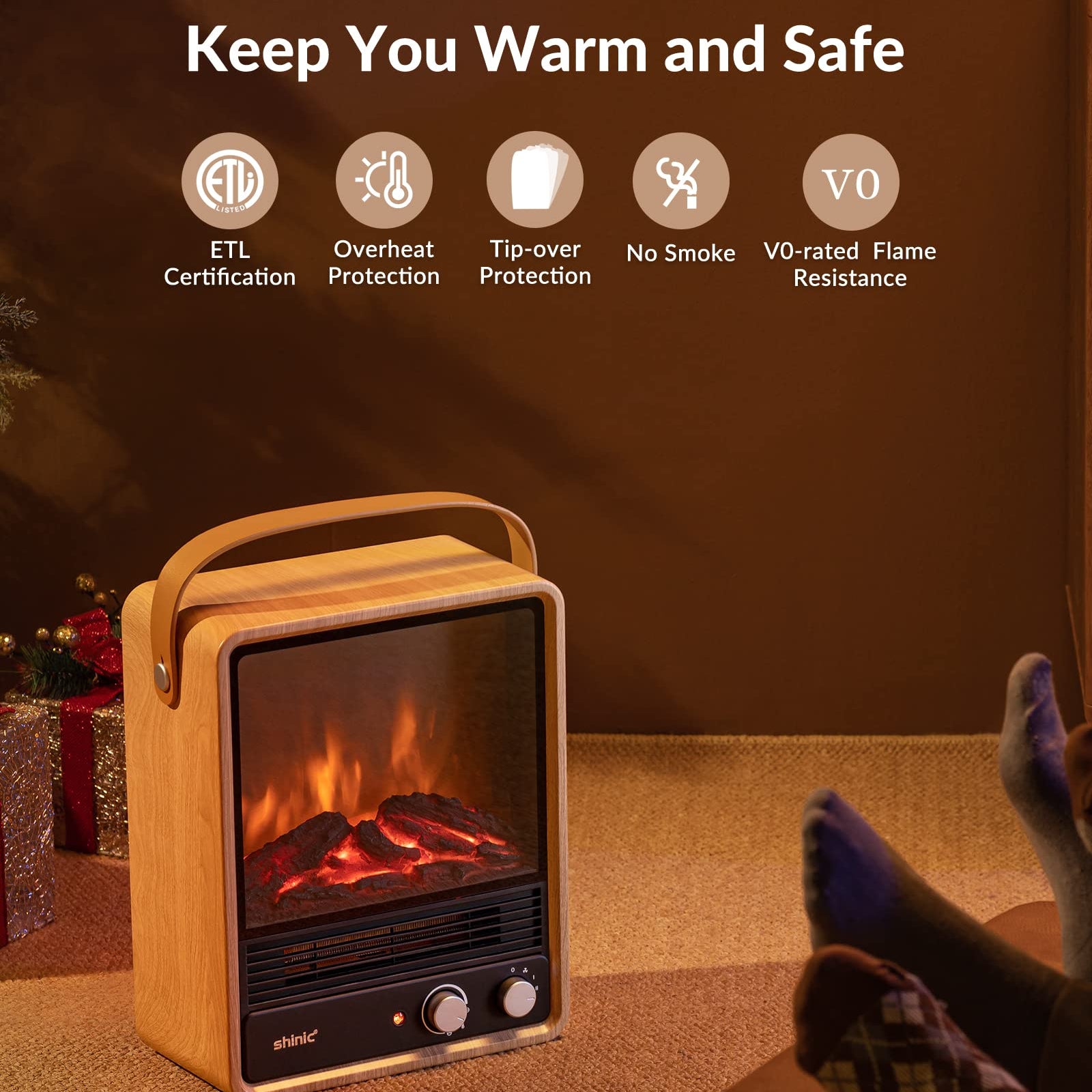 Shinic Electric Fireplace Heaters for Indoor Use,1500W Space Heater with Crackling Sound & 3D Realistic Flame, Safety Protection, Portable Fireplace Heater for Home Office Christmas Decoration, Oak - Fredhappy