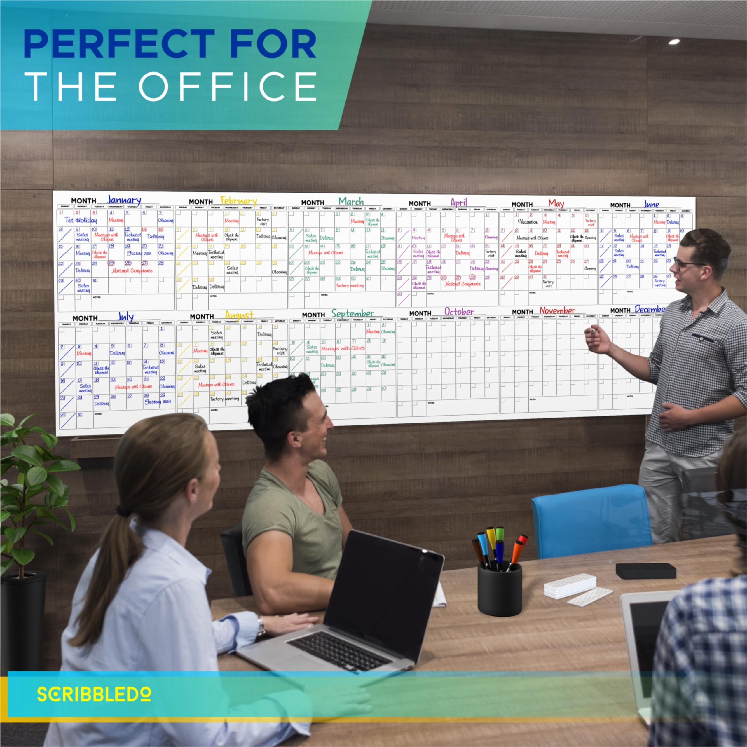 Extra Large 100"x36" Dry Erase Monthly Planner – 12 - Month Whiteboard Calendar Includes 6 white Board Markers Eraser Push Pins & Mounting Tape - Fredhappy LLC