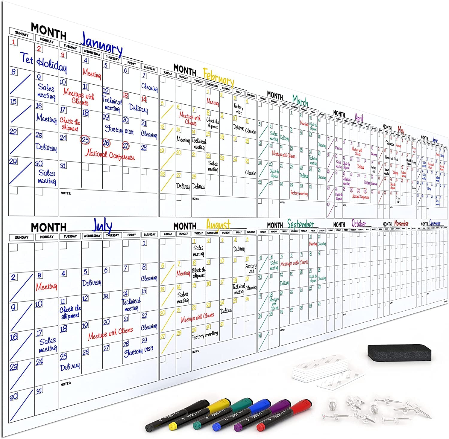 Extra Large 100"x36" Dry Erase Monthly Planner – 12 - Month Whiteboard Calendar Includes 6 white Board Markers Eraser Push Pins & Mounting Tape - Fredhappy LLC