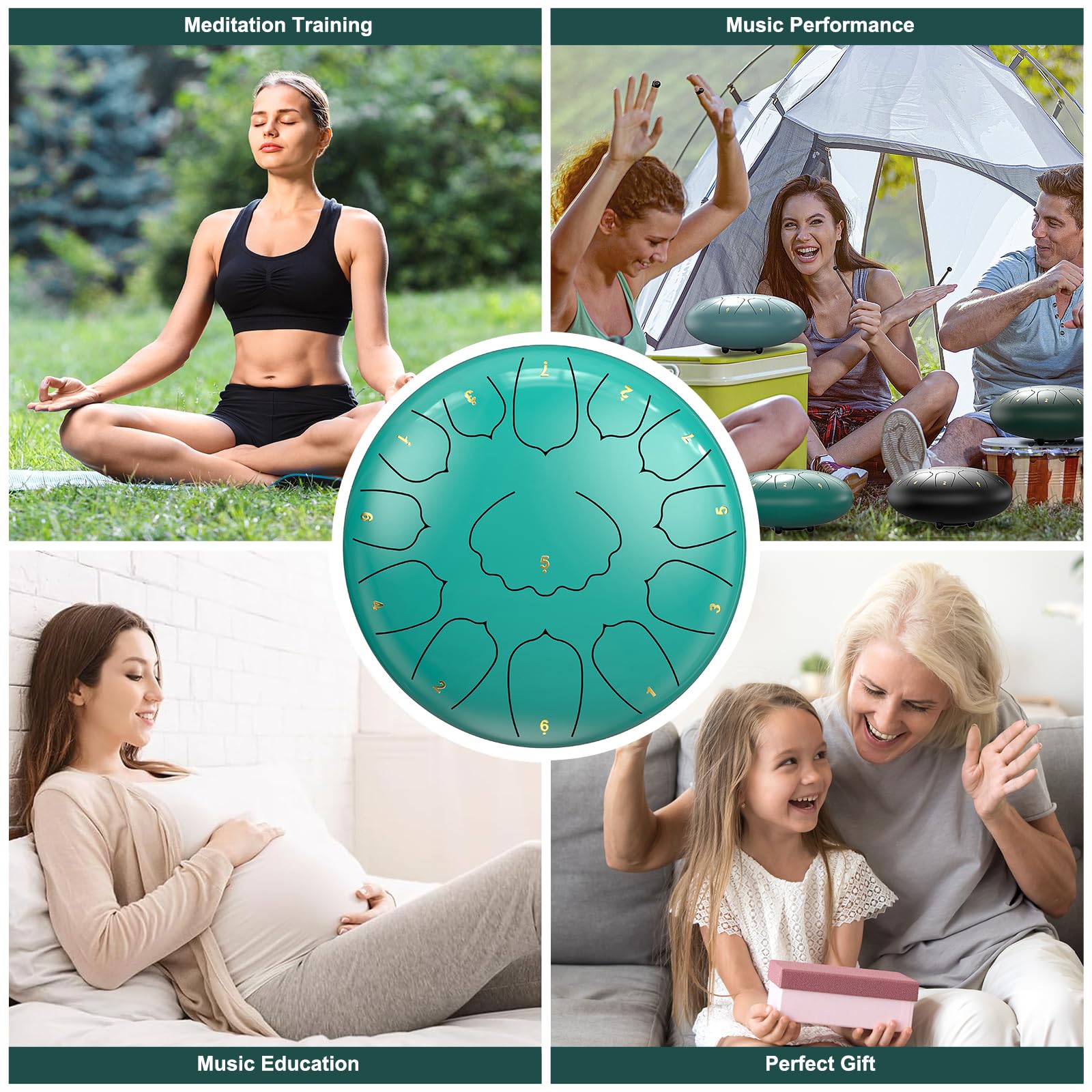 D Major Steel Tongue Drum Handpan, 12 Inch 13 Note Rain Drum for Outside Garden, Meditation Rain Chime, Musical Percussion Instrument for Adult Gift with Bag, Music Book, Drum Mallets (Lake Blue) - Fredhappy