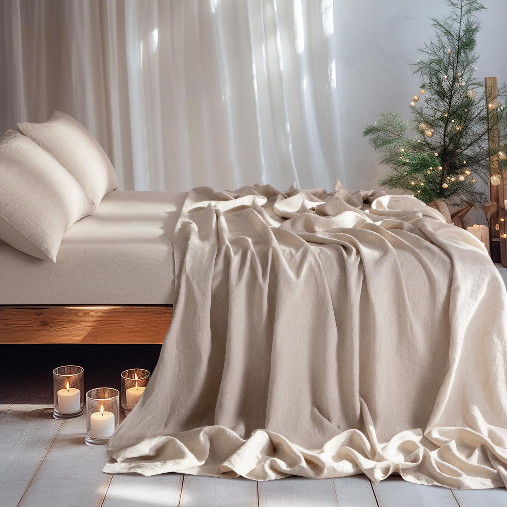 LBRO2M 100% Linen Sheet Set Queen Size, Bed Sheets 4 Piece Sets, Solid Color Natural Flax Bed Sheets Soft Breathable Bedding,16" Deep Pocket,All Season (Queen, Linen) - Fredhappy