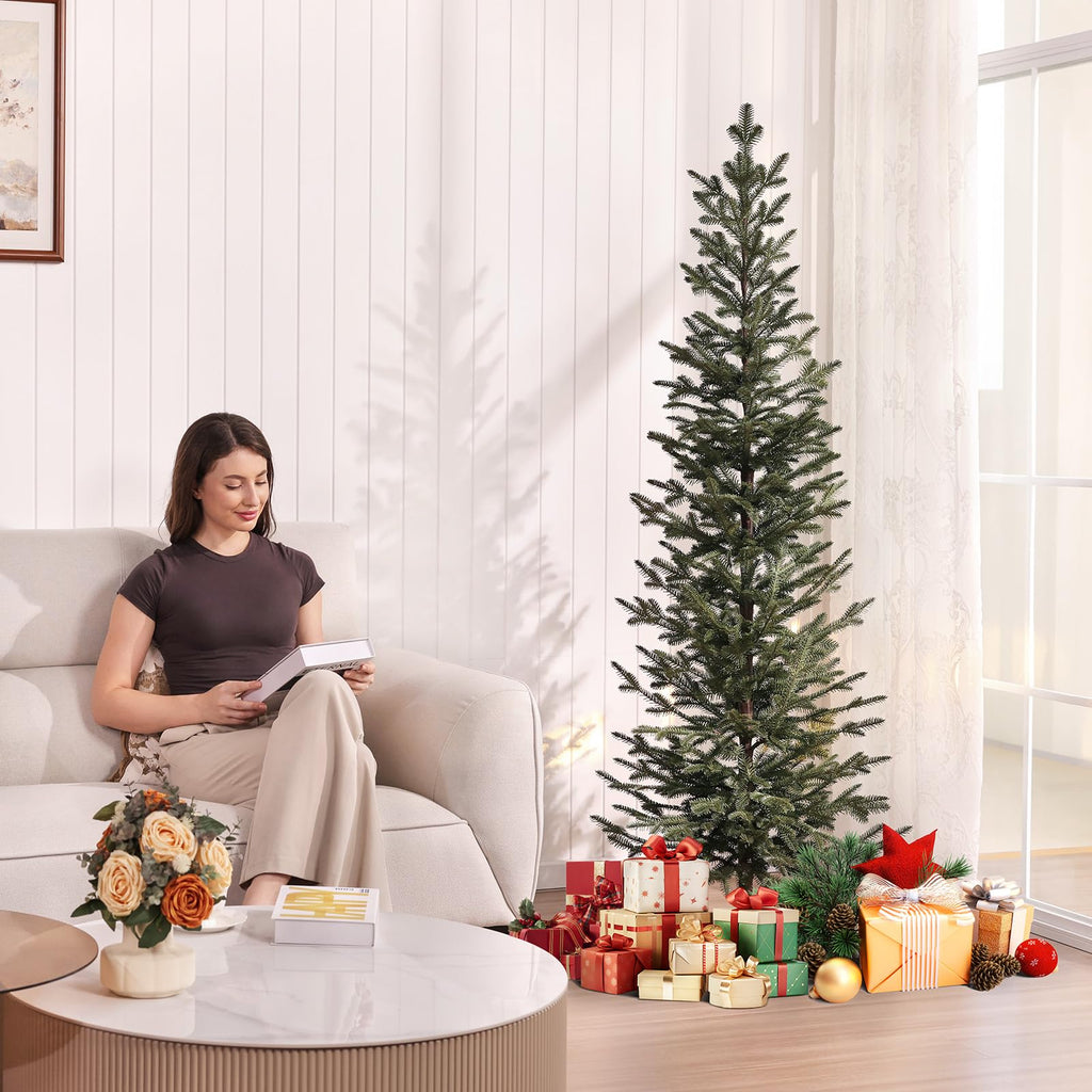 VeriNatural Pencil Slim Christmas Tree 6ft Artificial Xmas Tree - Skinny Small Green Pine Tree with PE Needles, Metal Stand, No Lights - Indoor Holiday Decor for Apartment Office Porch - Fredhappy