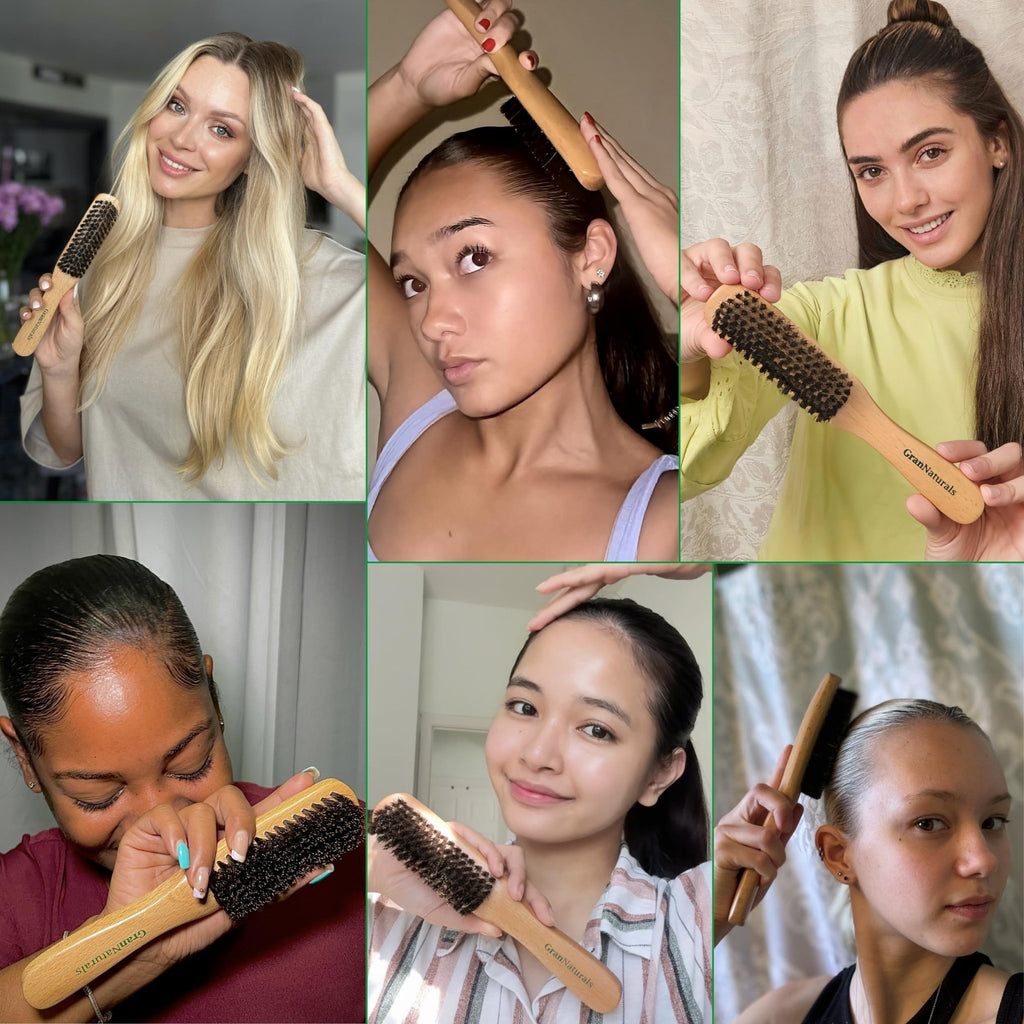 GranNaturals Boar Bristle Slick Back Hair Brush - Soft/Medium Smoothing Hairbrush to Style, Polish, & Lay Hair Down Flat to Create a Sleek Frizz Free Hairstyle for Women and Men - Wooden Handle - Fredhappy