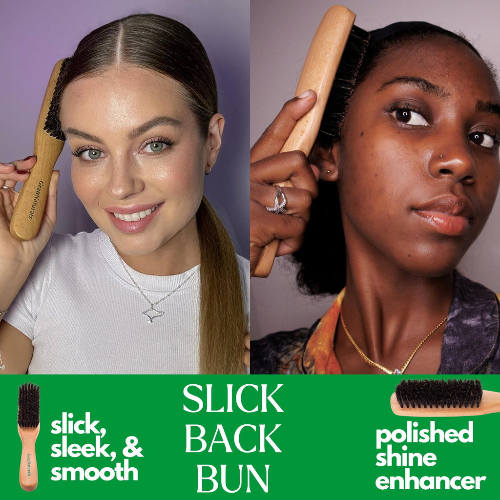 GranNaturals Boar Bristle Slick Back Hair Brush - Soft/Medium Smoothing Hairbrush to Style, Polish, & Lay Hair Down Flat to Create a Sleek Frizz Free Hairstyle for Women and Men - Wooden Handle - Fredhappy