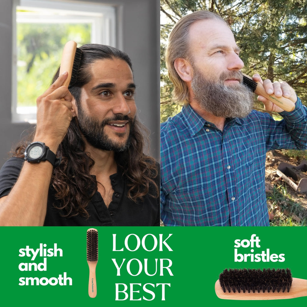 GranNaturals Boar Bristle Slick Back Hair Brush - Soft/Medium Smoothing Hairbrush to Style, Polish, & Lay Hair Down Flat to Create a Sleek Frizz Free Hairstyle for Women and Men - Wooden Handle - Fredhappy