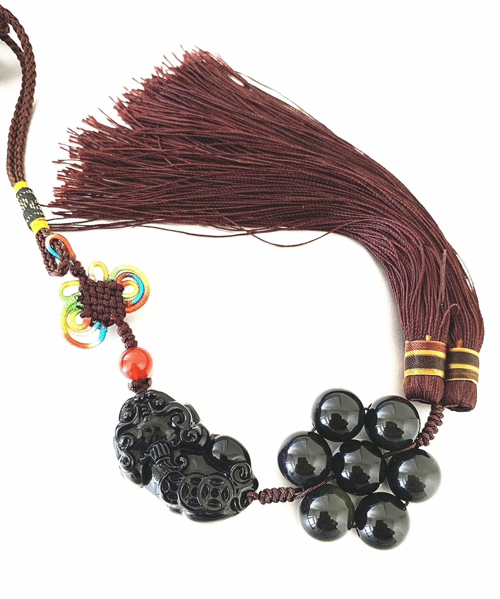Feng Shui Black Obsidian Pi Yao Pi Xiu Car Wall Charm Hanging Tassel Ornament for Wealth Luck - Fredhappy