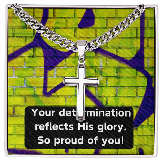 Cuban Link Chain with Engraved Artisan Cross Necklace - Determination